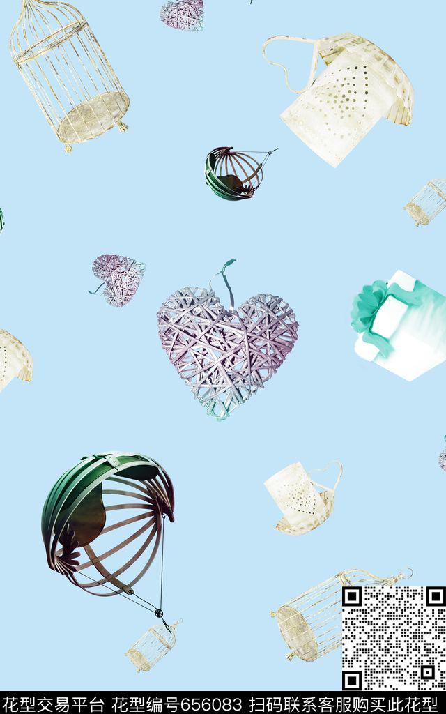 小清新鸟笼爱心数码印花华亿平台下载（图片编号: 656083） - 瓦栏（Walan）