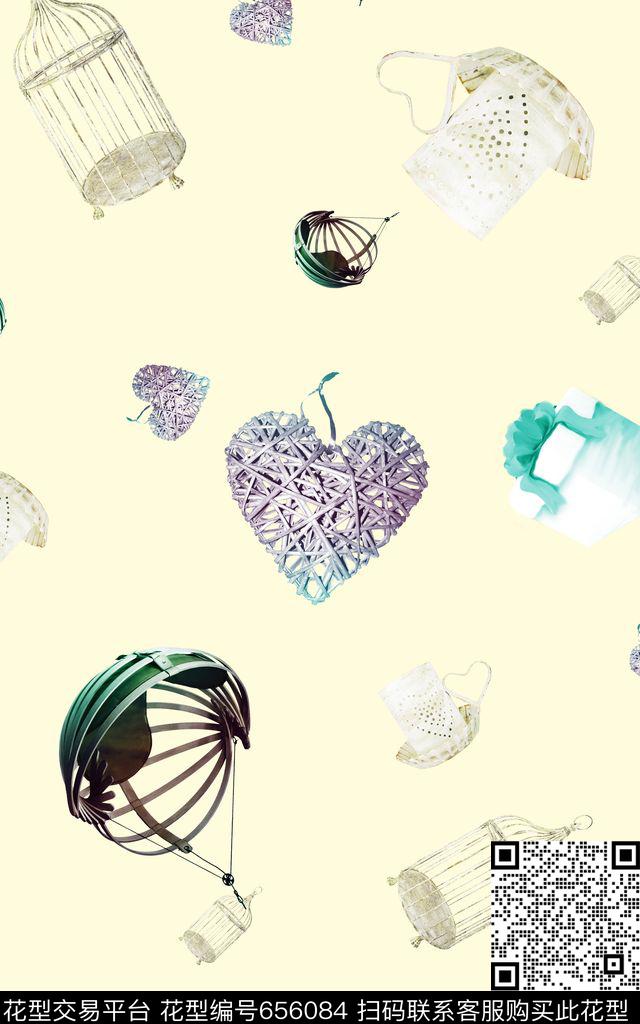 小清新鸟笼爱心数码印花华亿平台下载（图片编号: 656084） - 瓦栏（Walan）