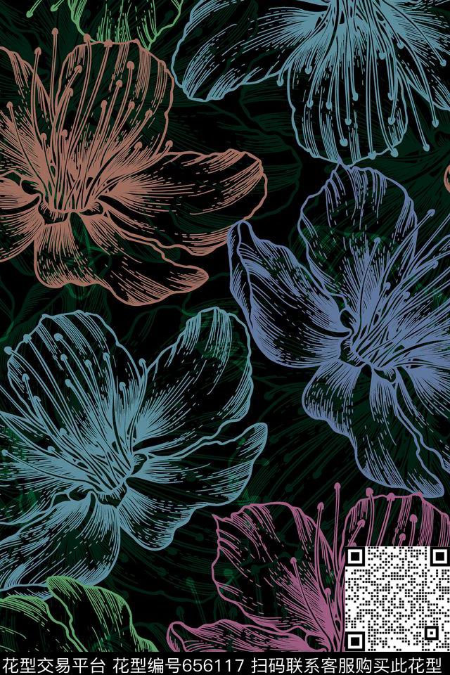 线性花花卉传统印花华亿平台下载（图片编号: 656117） - 瓦栏（Walan）