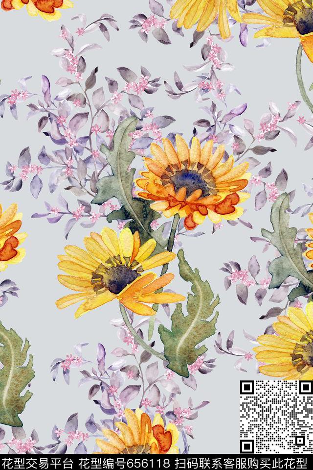 向日葵花卉手绘数码印花华亿平台下载（图片编号: 656118） - 瓦栏（Walan）