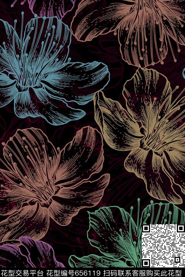 线性花花卉传统印花华亿平台下载（图片编号: 656119） - 瓦栏（Walan）