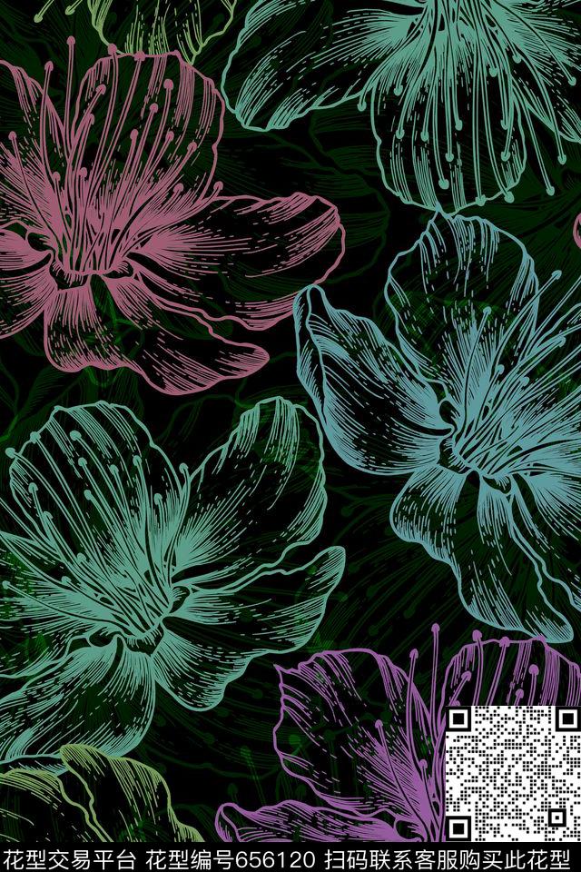 线性花花卉传统印花华亿平台下载（图片编号: 656120） - 瓦栏（Walan）