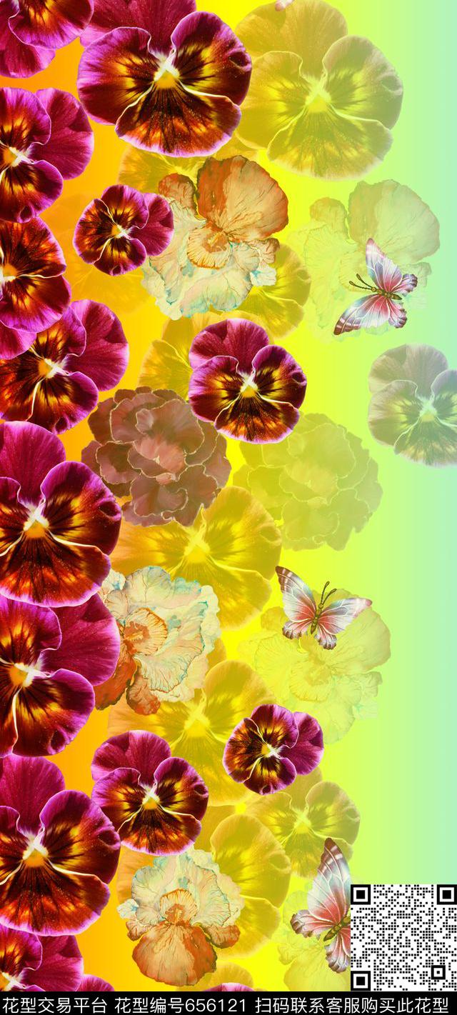 花卉水彩蝴蝶。丝巾数码印花华亿平台下载（图片编号: 656121） - 瓦栏（Walan）