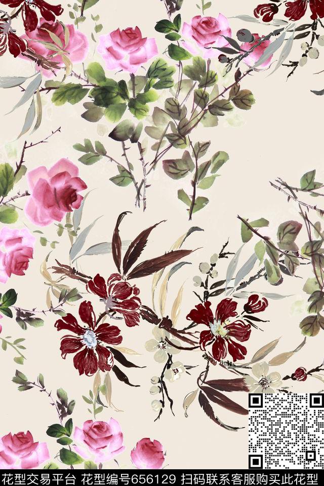 中国风水墨花卉数码印花华亿平台下载（图片编号: 656129） - 瓦栏（Walan）