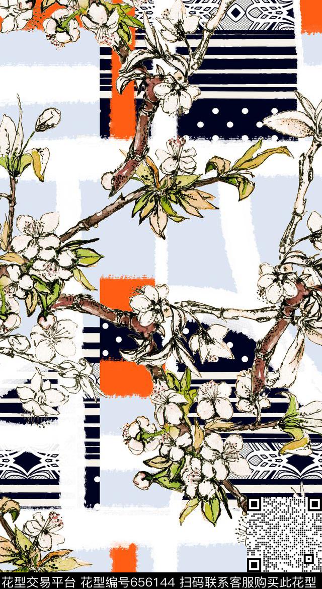 花卉树枝几何数码印花华亿平台下载（图片编号: 656144） - 瓦栏（Walan）