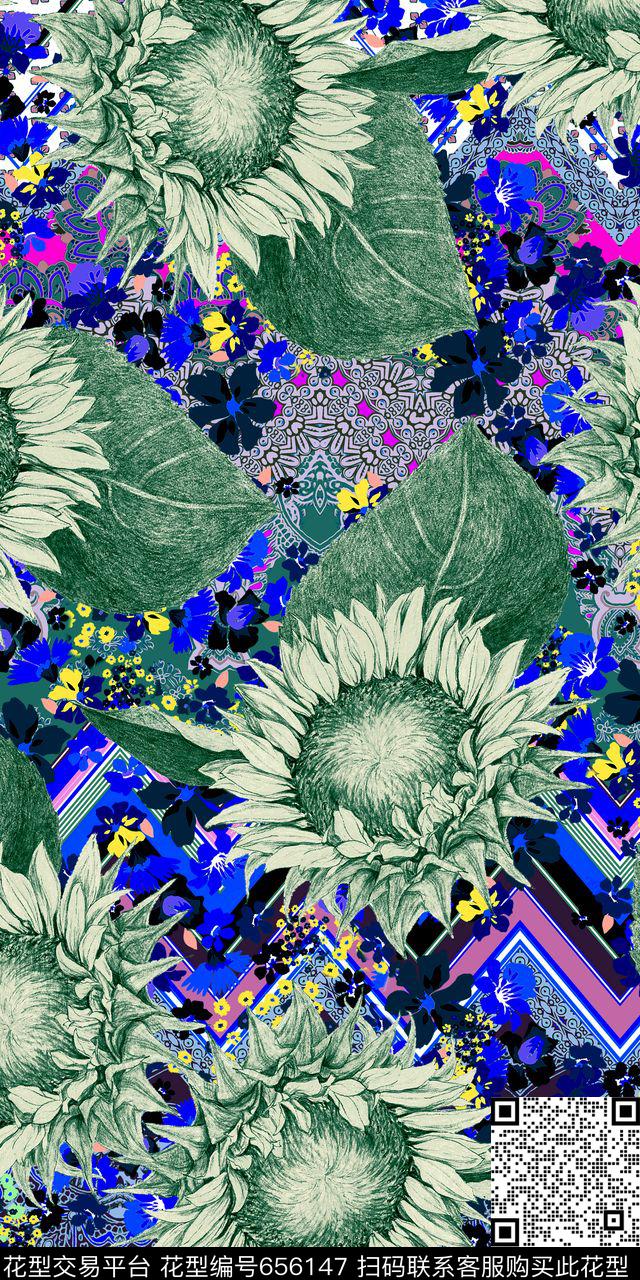 花纹花卉向日葵数码印花华亿平台下载（图片编号: 656147） - 瓦栏（Walan）