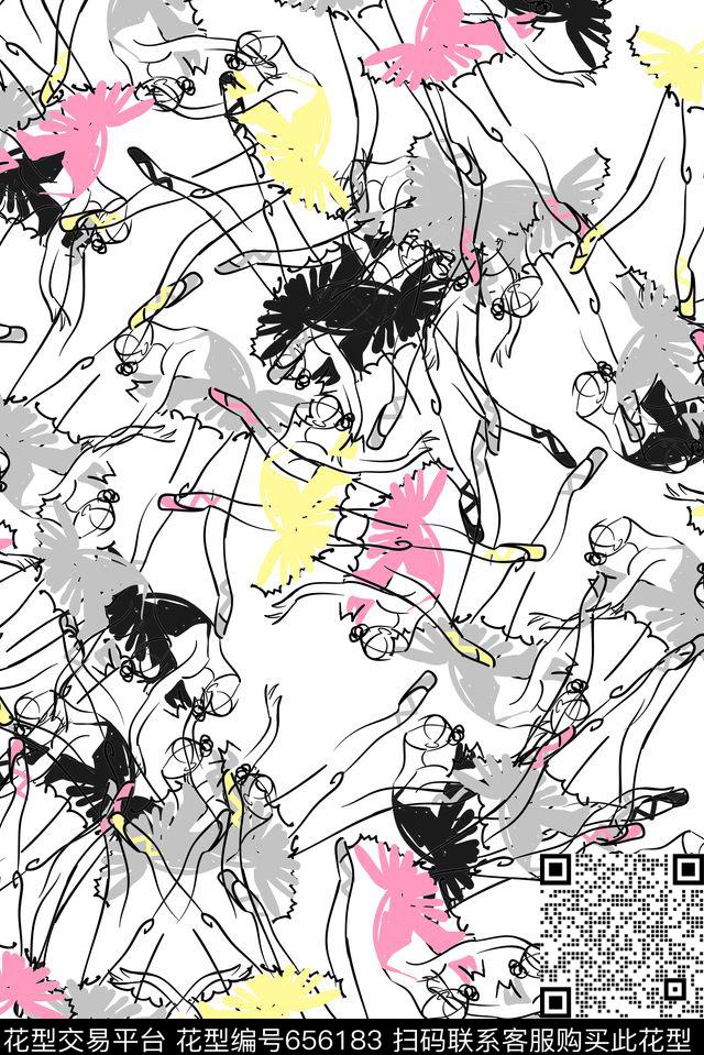 舞蹈女孩线条影子传统印花华亿平台下载（图片编号: 656183） - 瓦栏（Walan）