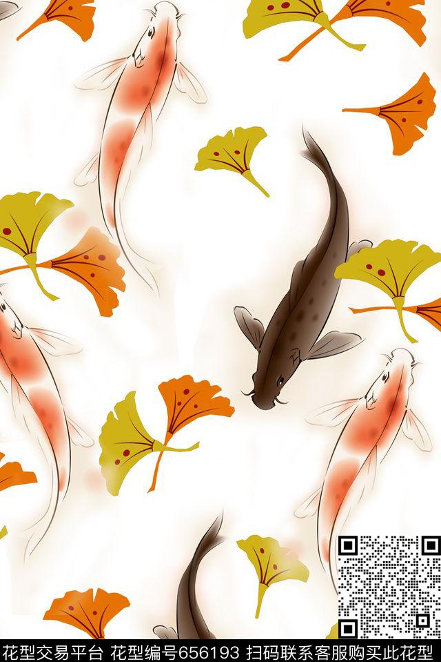 中国风杏树叶鲤鱼数码印花华亿平台下载（图片编号: 656193） - 瓦栏（Walan）