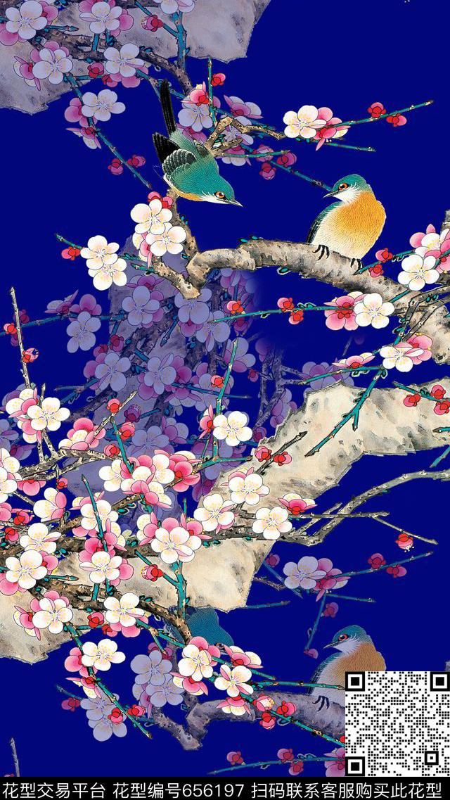 时尚潮流女装裙子定位工笔画印花时尚潮流复古中国风水墨画山水画数码印花梅花花卉花鸟旗袍定位印花数码印花华亿平台下载（图片编号: 656197） - 瓦栏（Walan）
