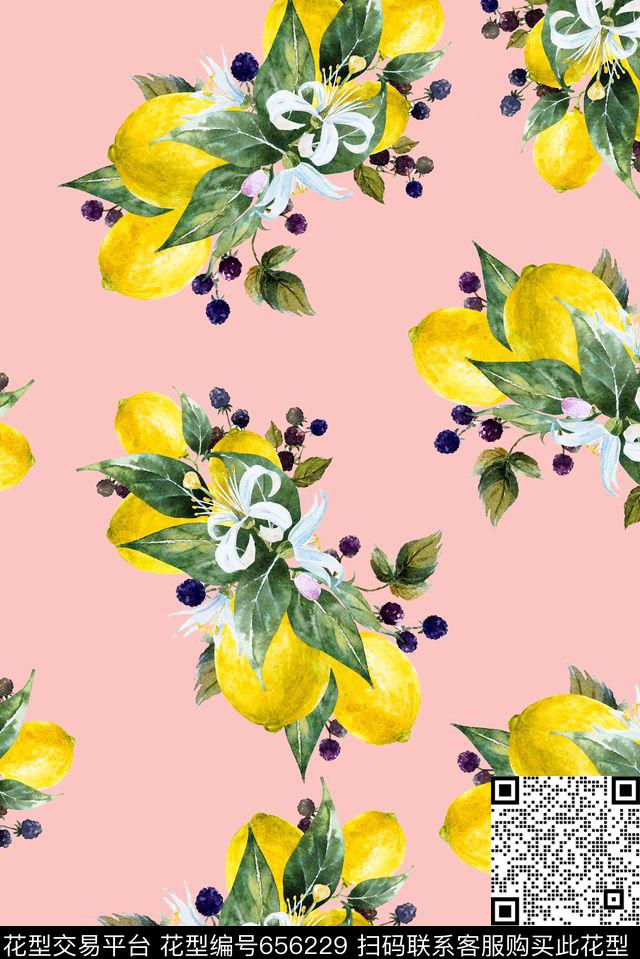 手绘柠檬绿叶数码印花华亿平台下载（图片编号: 656229） - 瓦栏（Walan）