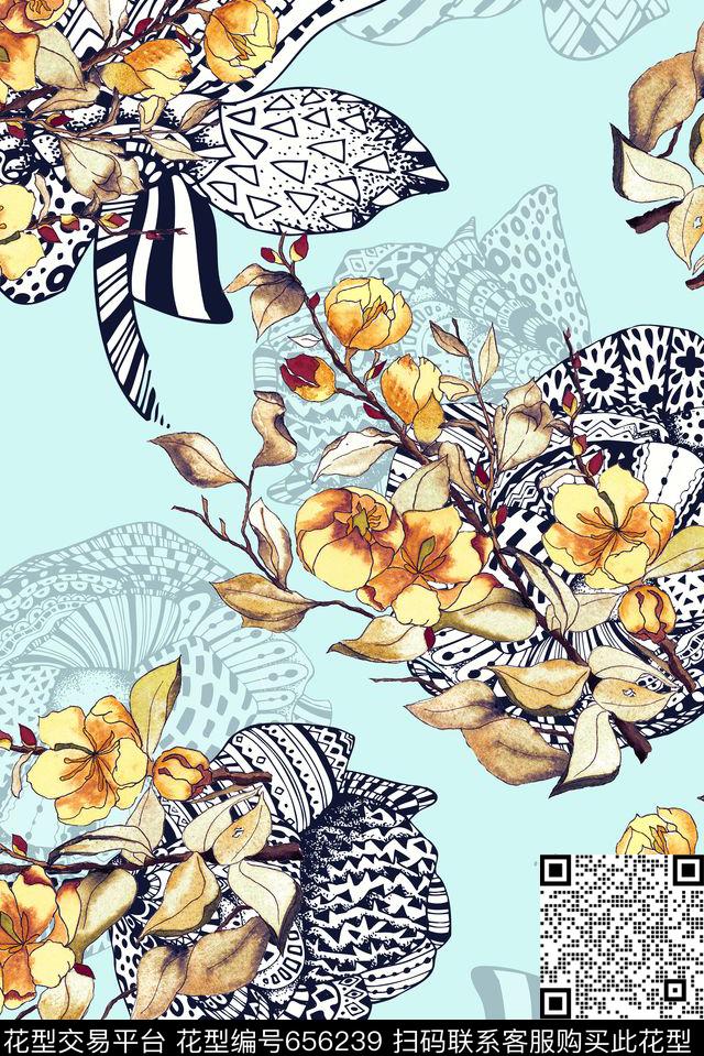 复古手绘花卉数码印花华亿平台下载（图片编号: 656239） - 瓦栏（Walan）