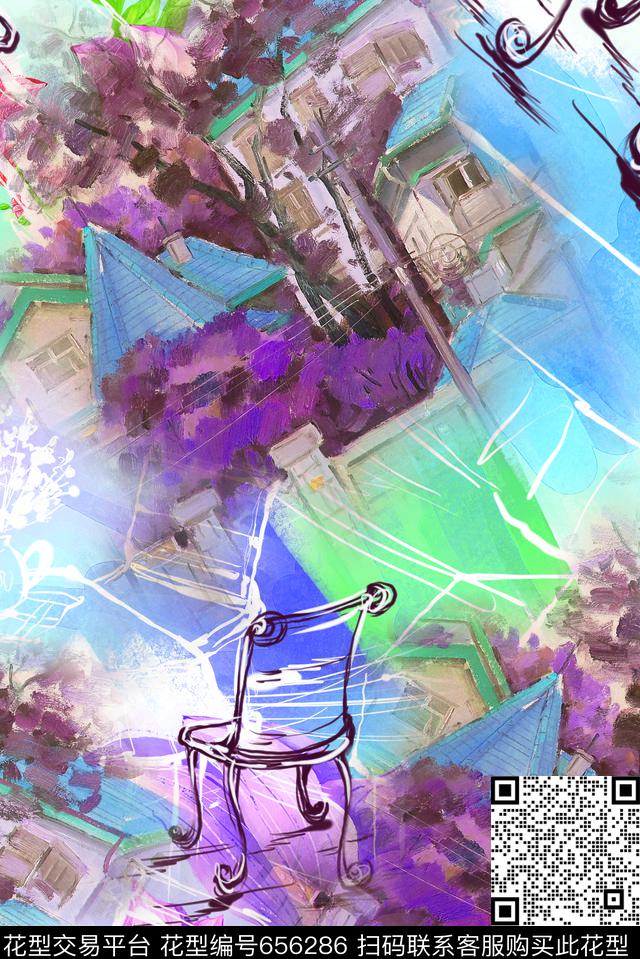 手绘建筑风景数码印花华亿平台下载（图片编号: 656286） - 瓦栏（Walan）