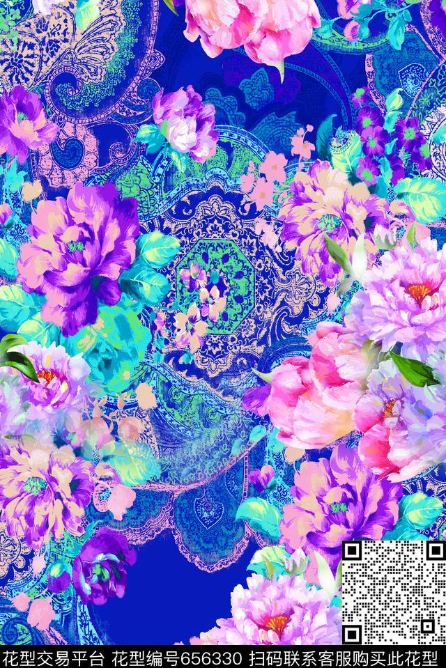 几何花卉手绘数码印花华亿平台下载（图片编号: 656330） - 瓦栏（Walan）