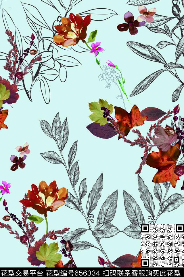 乱花手绘花卉数码印花华亿平台下载（图片编号: 656334） - 瓦栏（Walan）