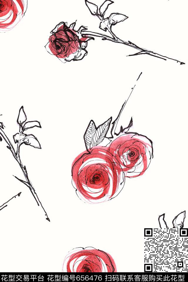 简单线描水彩数码印花华亿平台下载（图片编号: 656476） - 瓦栏（Walan）