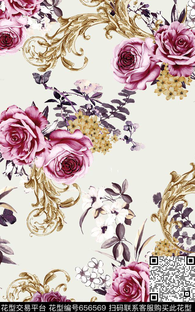 小碎花大花牡丹数码印花华亿平台下载（图片编号: 656569） - 瓦栏（Walan）