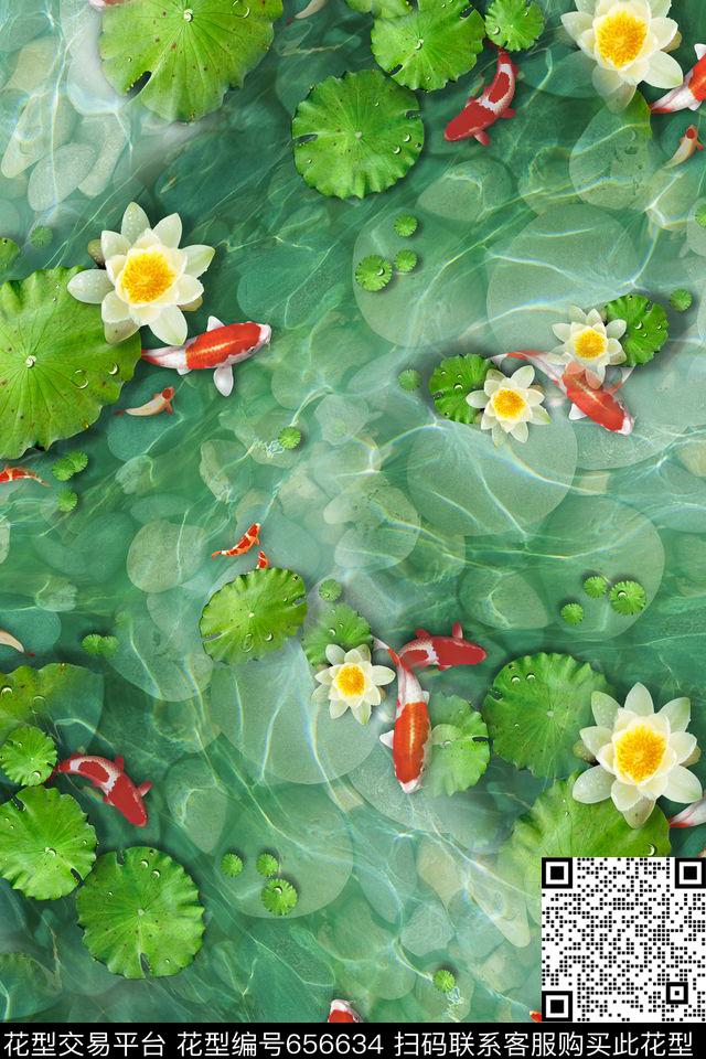 鱼群水面荷叶数码印花华亿平台下载（图片编号: 656634） - 瓦栏（Walan）