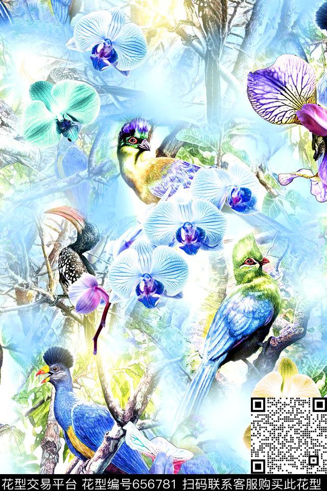 花卉兰花小鸟数码印花华亿平台下载（图片编号: 656781） - 瓦栏（Walan）