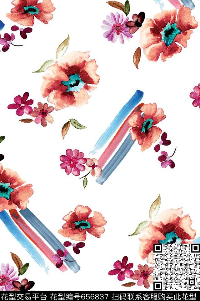 水彩花卉笔触连衣裙数码印花华亿平台下载（图片编号: 656837） - 瓦栏（Walan）