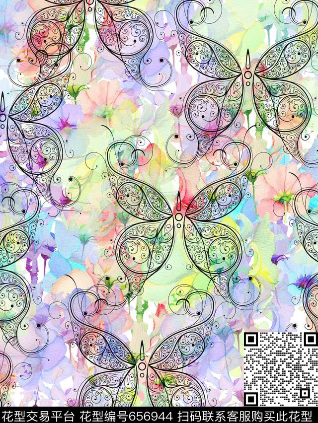 蝴蝶时尚、手绘、花朵数码印花华亿平台下载（图片编号: 656944） - 瓦栏（Walan）