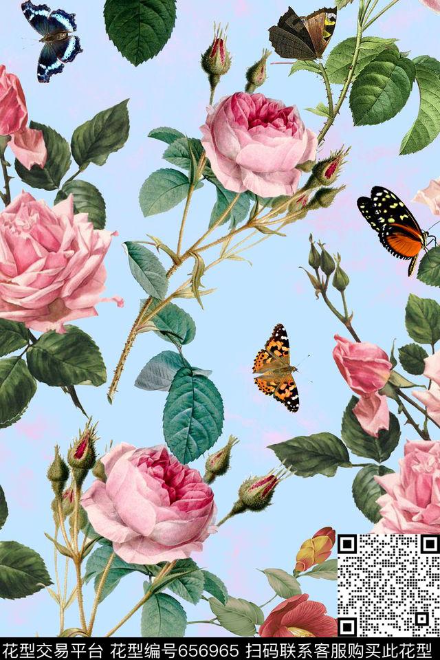 月季花玫瑰花清新花卉数码印花华亿平台下载（图片编号: 656965） - 瓦栏（Walan）