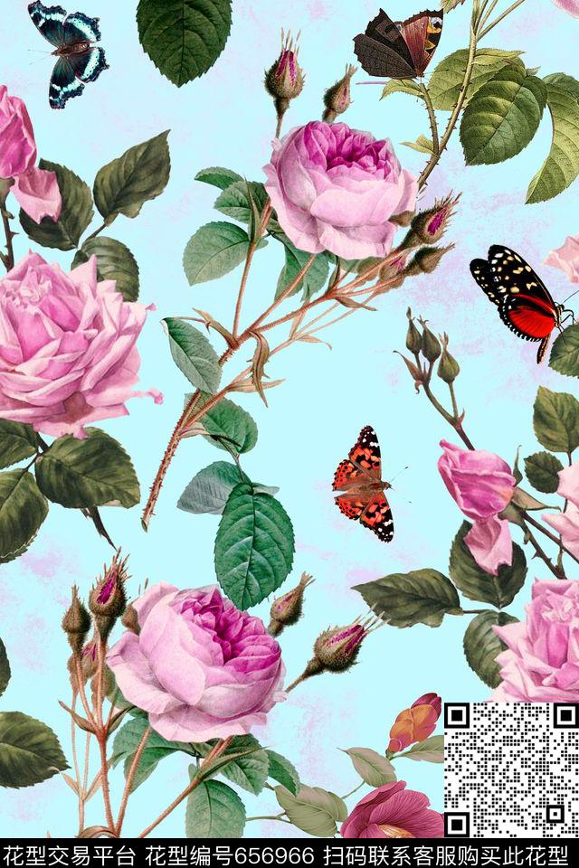 月季花玫瑰花清新花卉数码印花华亿平台下载（图片编号: 656966） - 瓦栏（Walan）