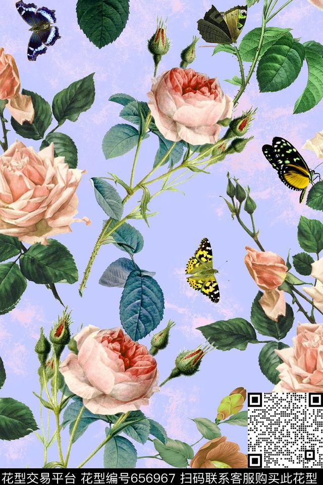 月季花玫瑰花清新花卉数码印花华亿平台下载（图片编号: 656967） - 瓦栏（Walan）
