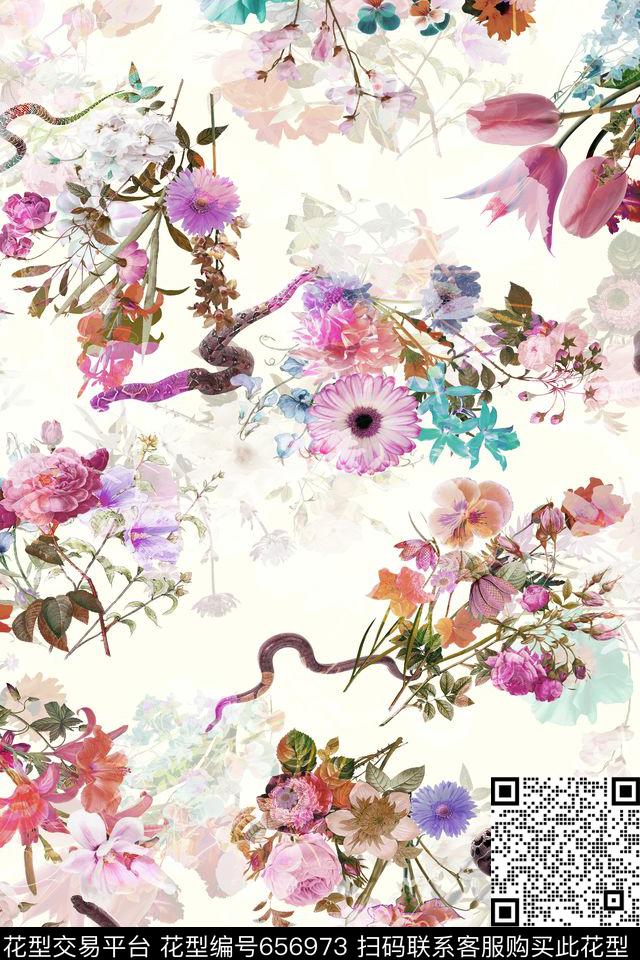 大花花卉复古花卉数码印花华亿平台下载（图片编号: 656973） - 瓦栏（Walan）