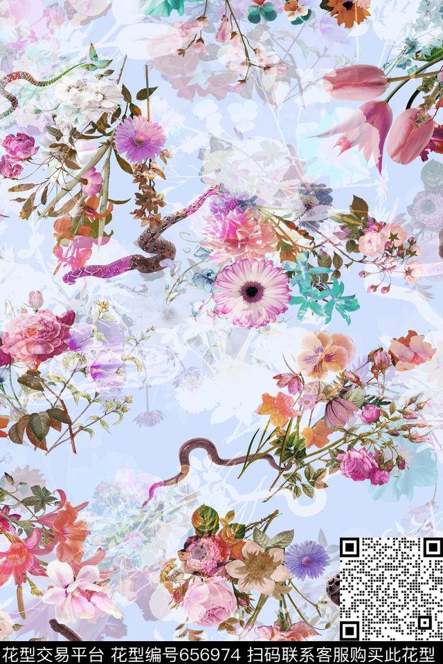 大花花卉复古花卉数码印花华亿平台下载（图片编号: 656974） - 瓦栏（Walan）