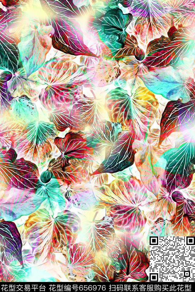 树叶彩色流行数码印花华亿平台下载（图片编号: 656976） - 瓦栏（Walan）