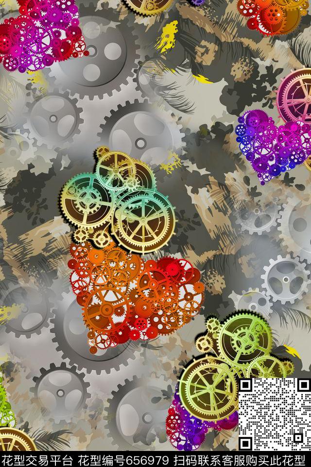 抽象齿轮红心数码印花华亿平台下载（图片编号: 656979） - 瓦栏（Walan）