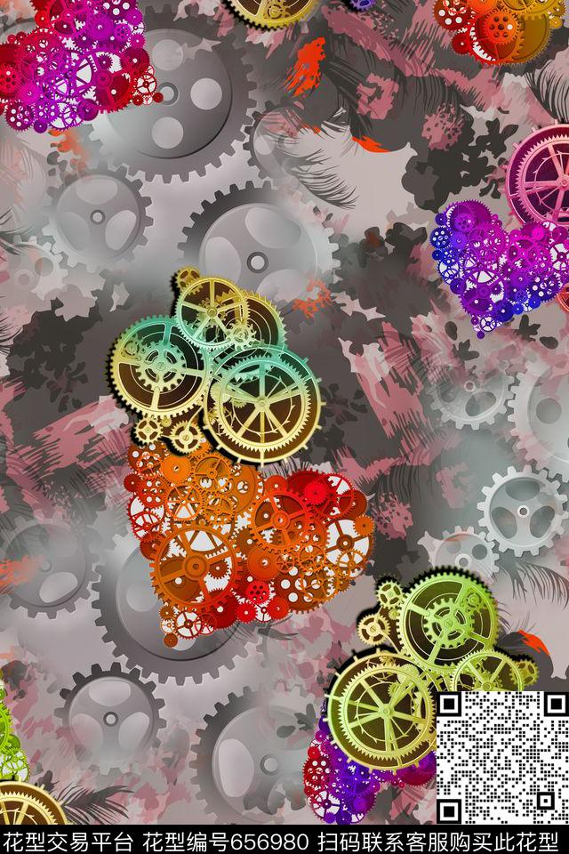 抽象齿轮红心数码印花华亿平台下载（图片编号: 656980） - 瓦栏（Walan）
