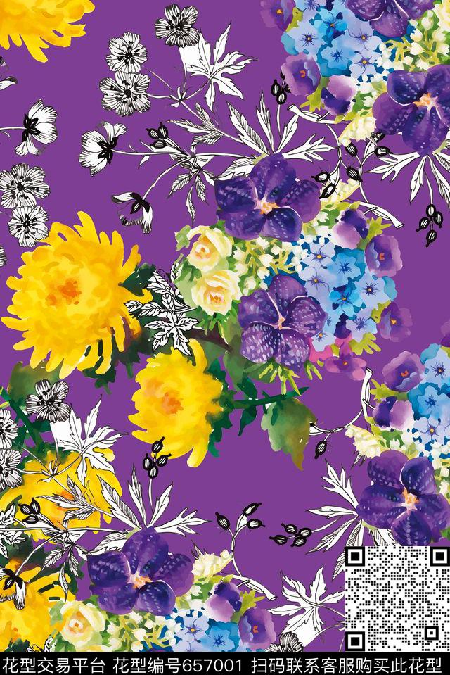手绘线描花卉数码印花华亿平台下载（图片编号: 657001） - 瓦栏（Walan）