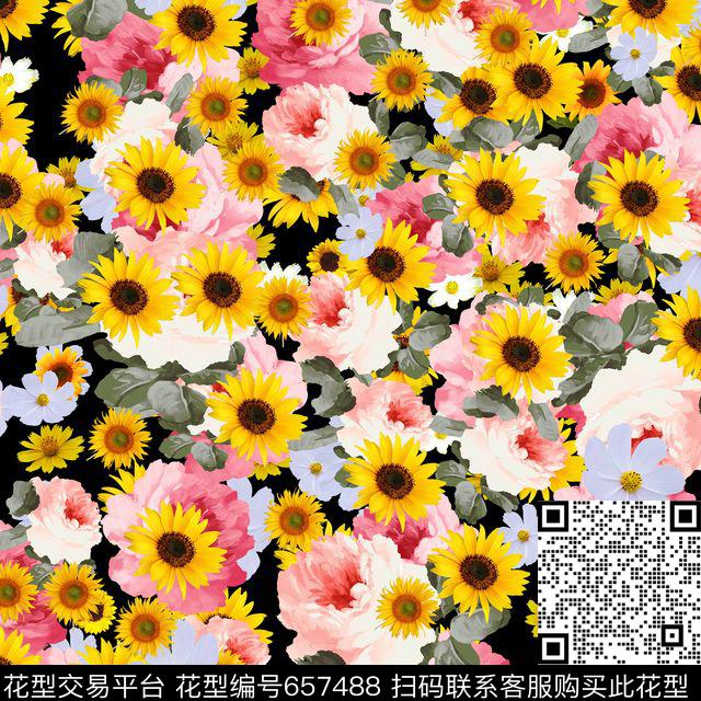 花卉向日葵乱花数码印花华亿平台下载（图片编号: 657488） - 瓦栏（Walan）
