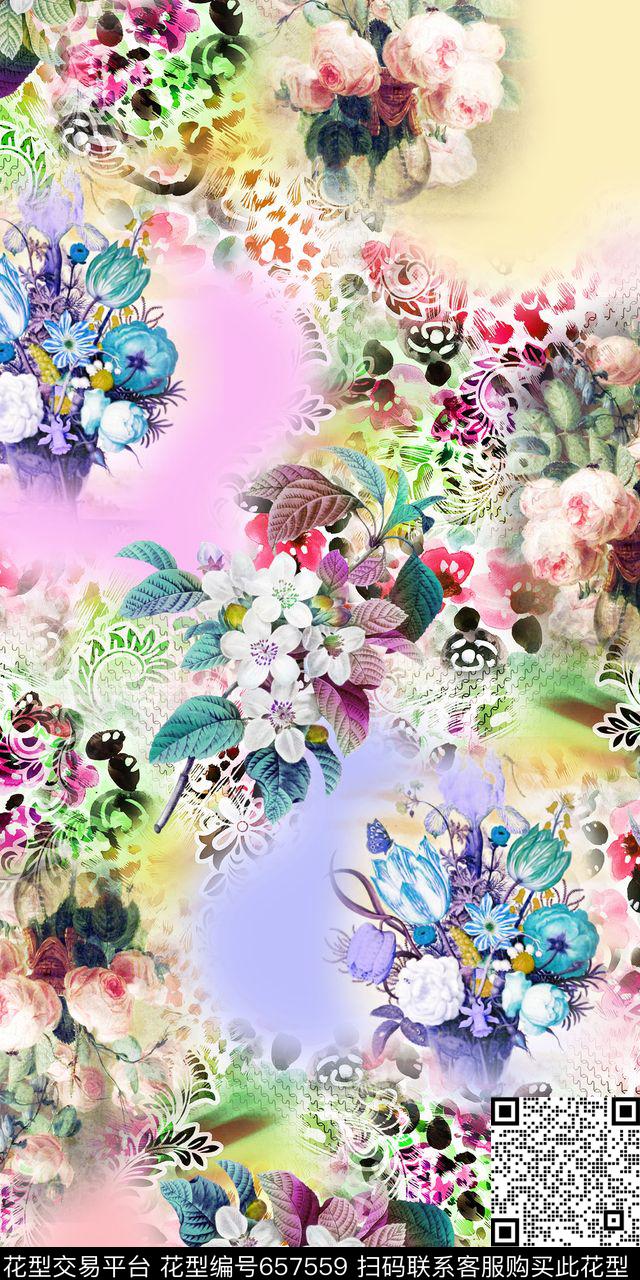 清爽唯美数码女装花卉数码印花华亿平台下载（图片编号: 657559） - 瓦栏（Walan）
