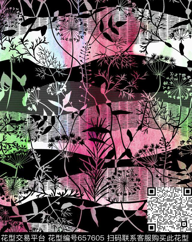 Fei-欧美风黑白花卉条纹数码印花华亿平台下载（图片编号: 657605） - 瓦栏（Walan）