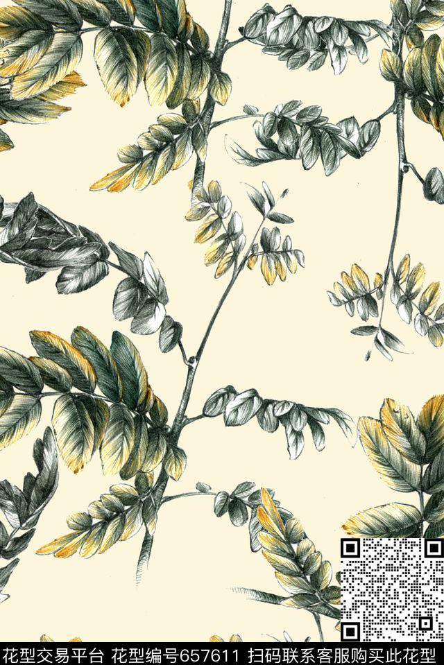 手绘绿叶树枝数码印花华亿平台下载（图片编号: 657611） - 瓦栏（Walan）