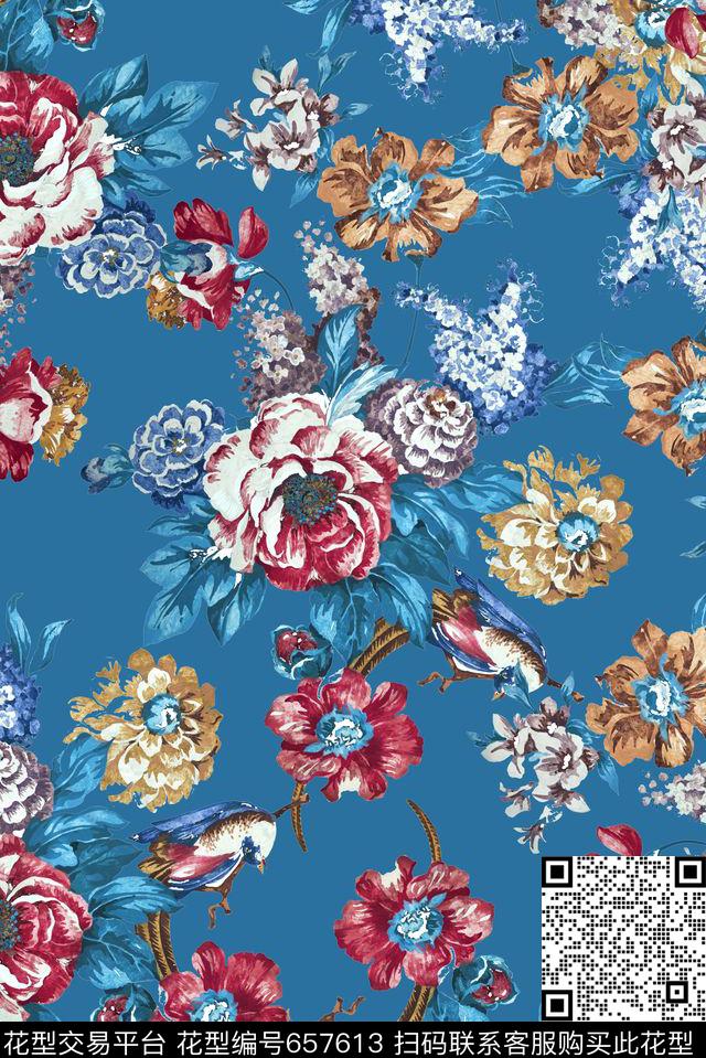 经典手绘花卉数码印花华亿平台下载（图片编号: 657613） - 瓦栏（Walan）