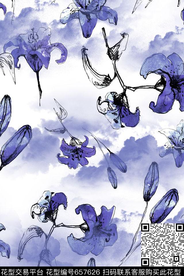 水墨花卉云彩晕染数码印花华亿平台下载（图片编号: 657626） - 瓦栏（Walan）