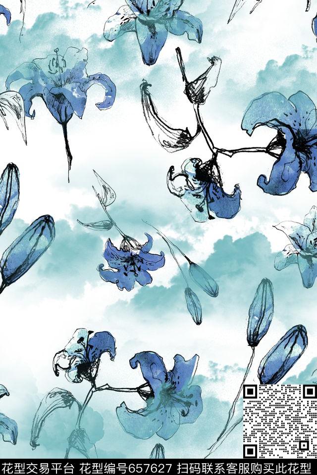 水墨花卉云彩晕染数码印花华亿平台下载（图片编号: 657627） - 瓦栏（Walan）