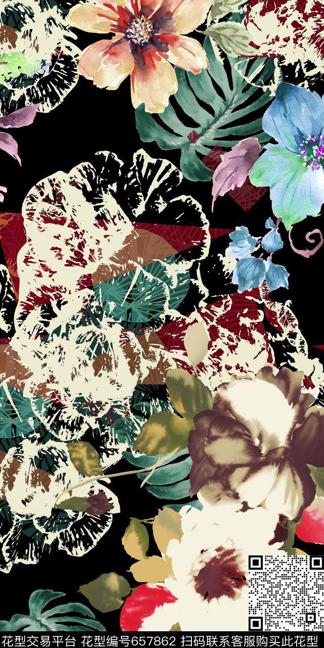 竹叶花朵花卉数码印花华亿平台下载（图片编号: 657862） - 瓦栏（Walan）