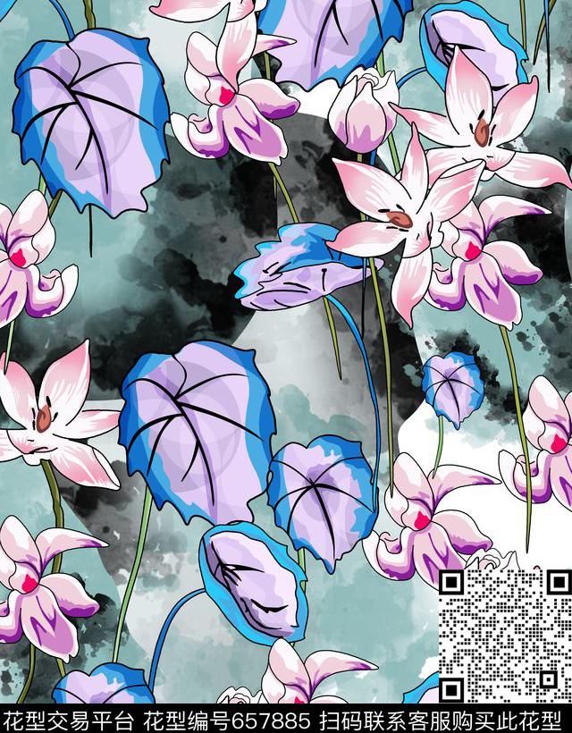 手绘水彩花卉荷花水彩数码印花华亿平台下载（图片编号: 657885） - 瓦栏（Walan）