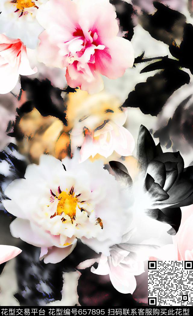 花卉朦胧大花朵烟灰数码印花华亿平台下载（图片编号: 657895） - 瓦栏（Walan）