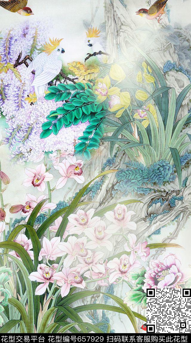 中国风水仙花鹦鹉数码印花华亿平台下载（图片编号: 657929） - 瓦栏（Walan）