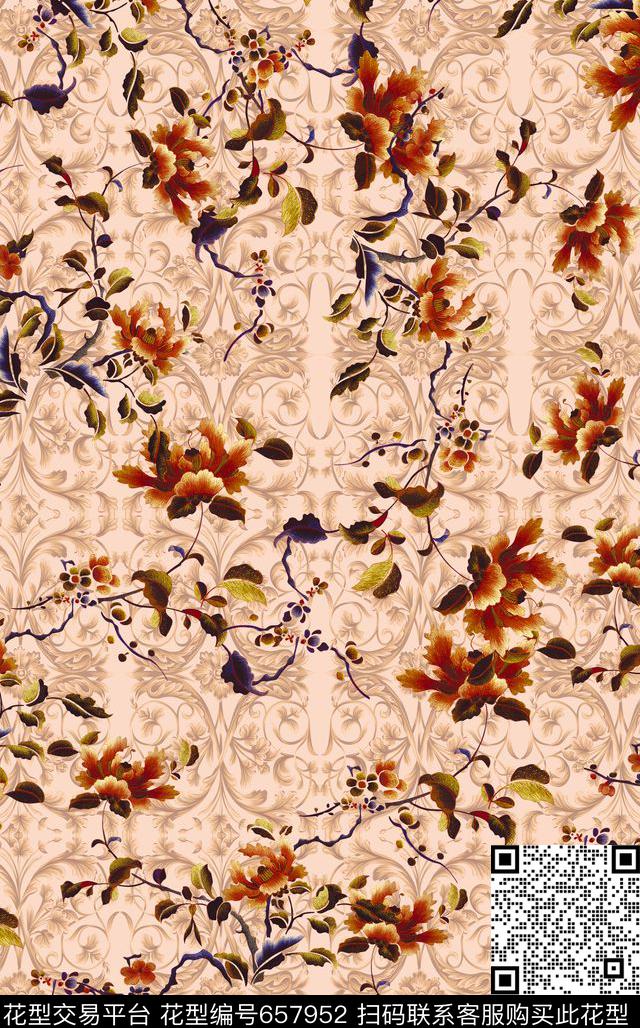 欧式花纹花纹花卉数码印花华亿平台下载（图片编号: 657952） - 瓦栏（Walan）