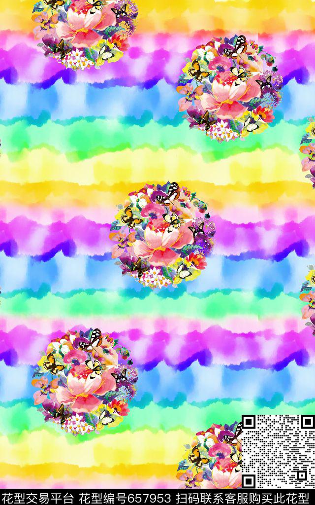 水彩蝴蝶条纹数码印花华亿平台下载（图片编号: 657953） - 瓦栏（Walan）