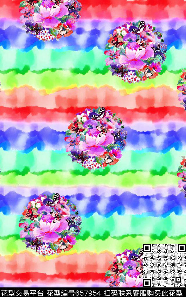 水彩蝴蝶条纹数码印花华亿平台下载（图片编号: 657954） - 瓦栏（Walan）