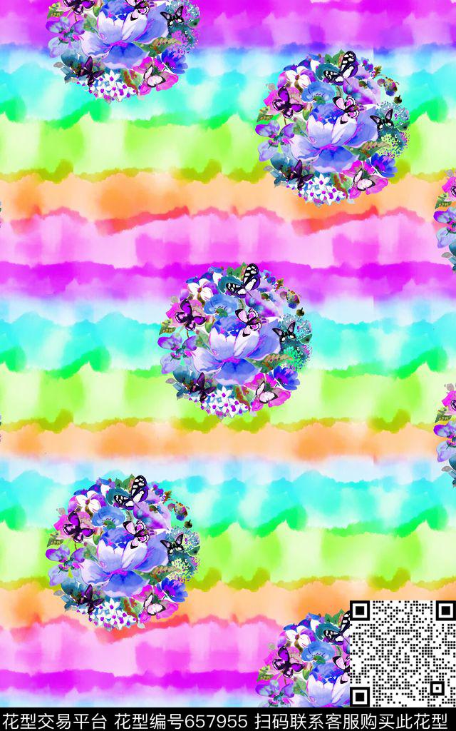 水彩蝴蝶条纹数码印花华亿平台下载（图片编号: 657955） - 瓦栏（Walan）
