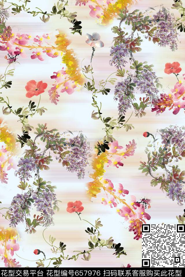 花卉水墨国画数码印花华亿平台下载（图片编号: 657976） - 瓦栏（Walan）
