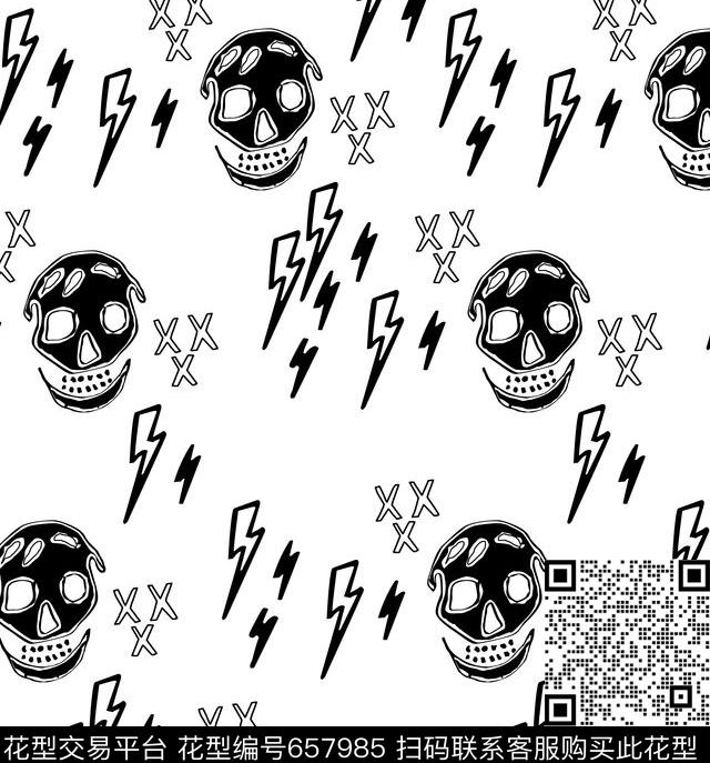 骷髅头闪电叉传统印花华亿平台下载（图片编号: 657985） - 瓦栏（Walan）